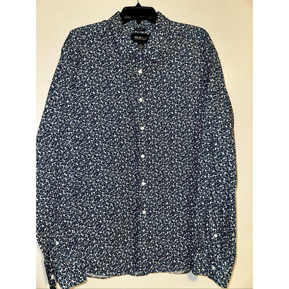 Awearness By Kenneth Cole geometric long sleeve button up blue white Paisley Sli